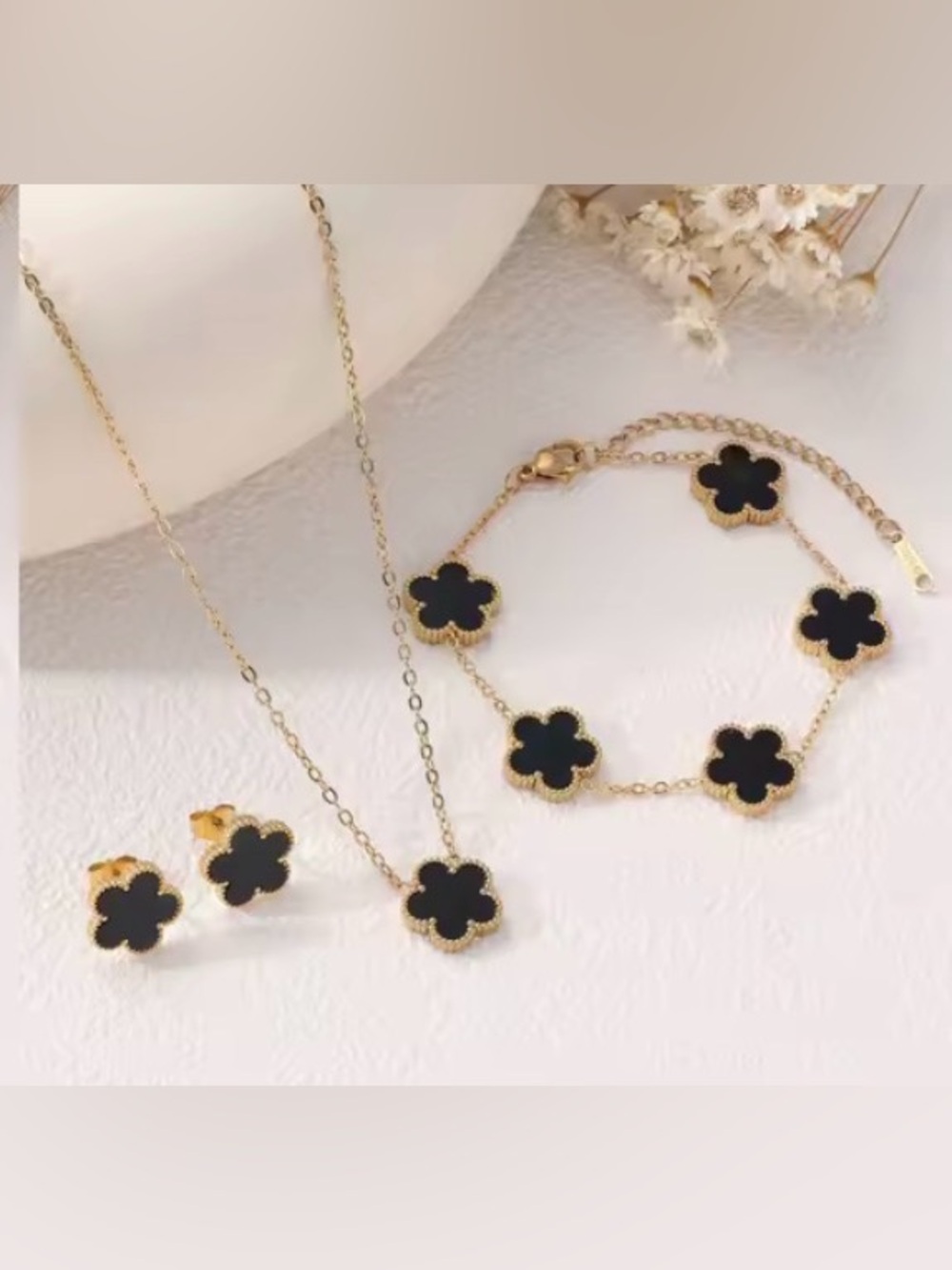 Women’s 3Pcs Lucky Clover Jewelry Set Gold Chain Black Onyx Stainless Steel
